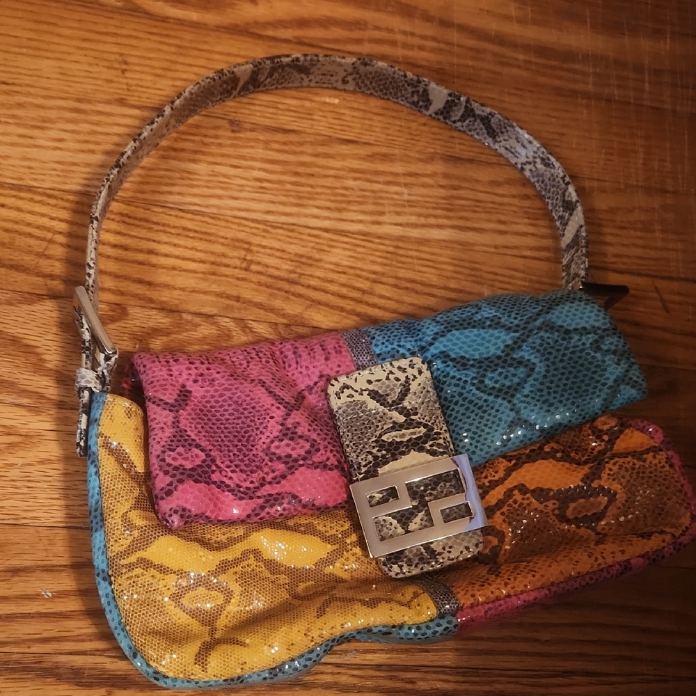 Cache Multicolor Snake-Print Shoulder Bag in Pink, Yellow, Blue, Brown, Tan